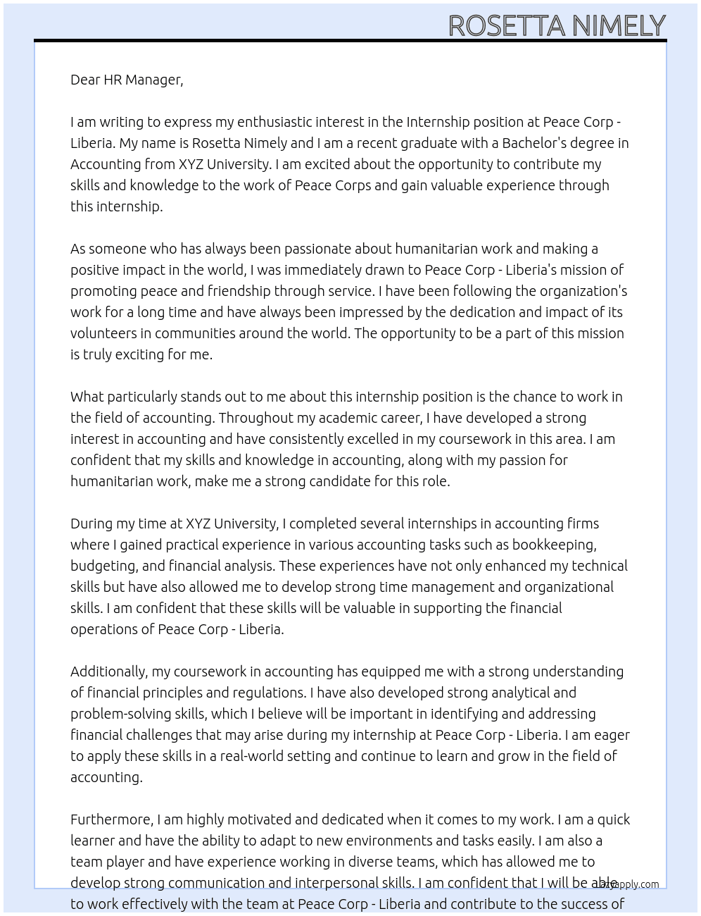 INTERNSHIP  At Peace Corp - Liberia  Cover Letter