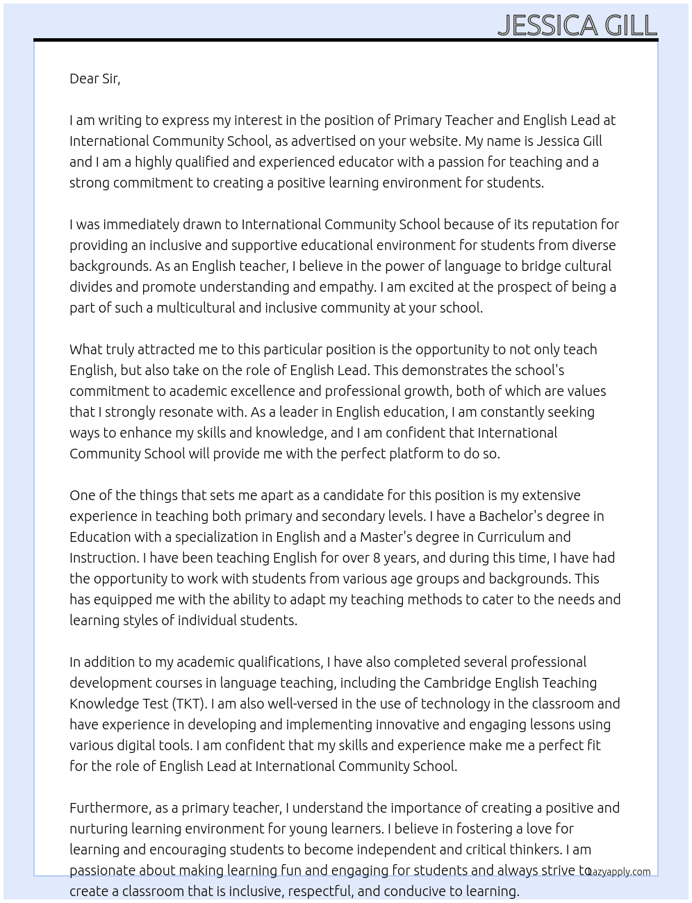 Primary Teacher and English Lead At International Community School Cover Letter