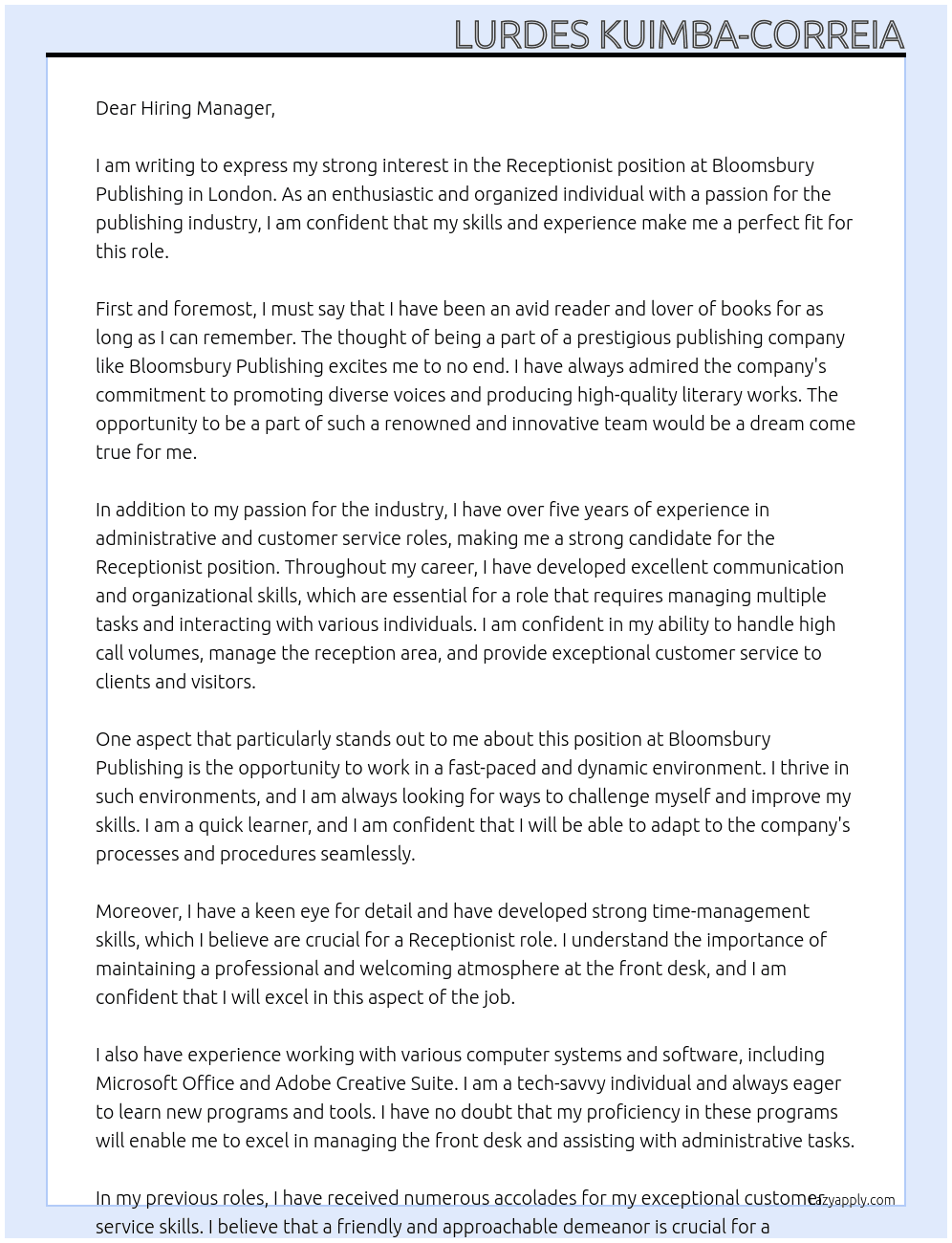 Receptionist  At Bloomsbury Publishing Cover Letter