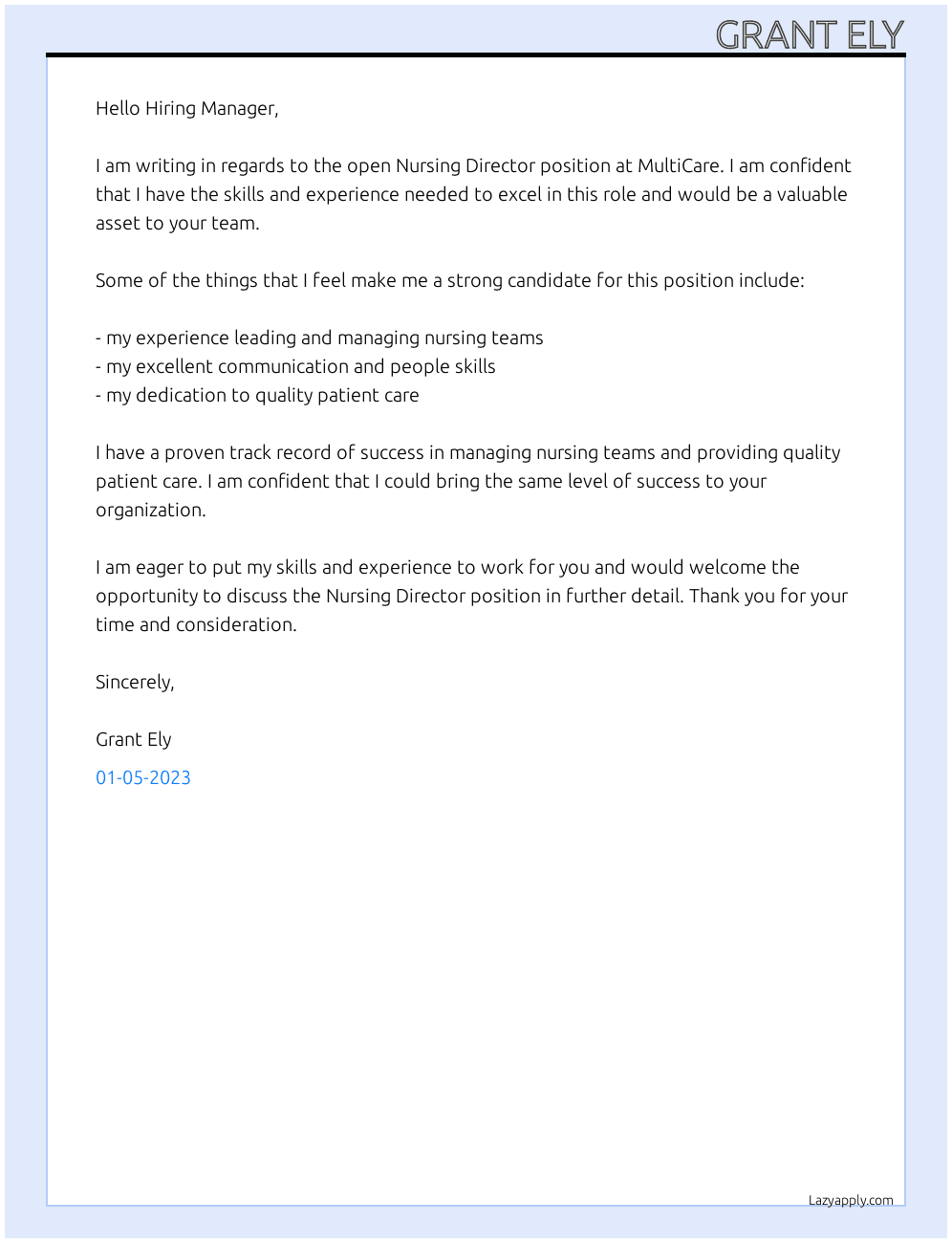 Nursing director At MultiCare Cover Letter