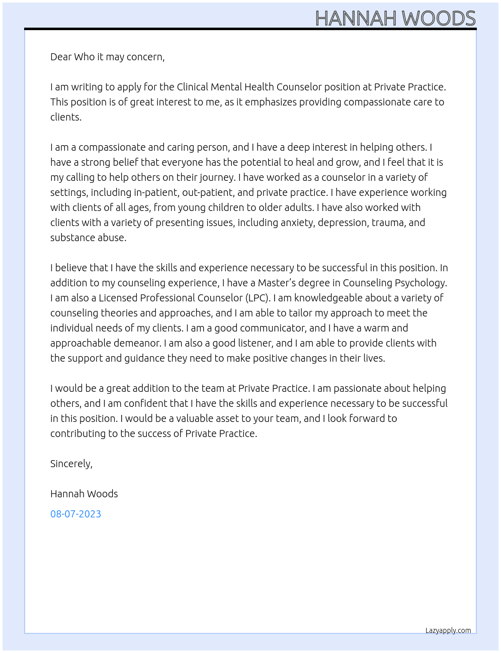 Clinical Mental Health Counselor At Private Practice Cover Letter