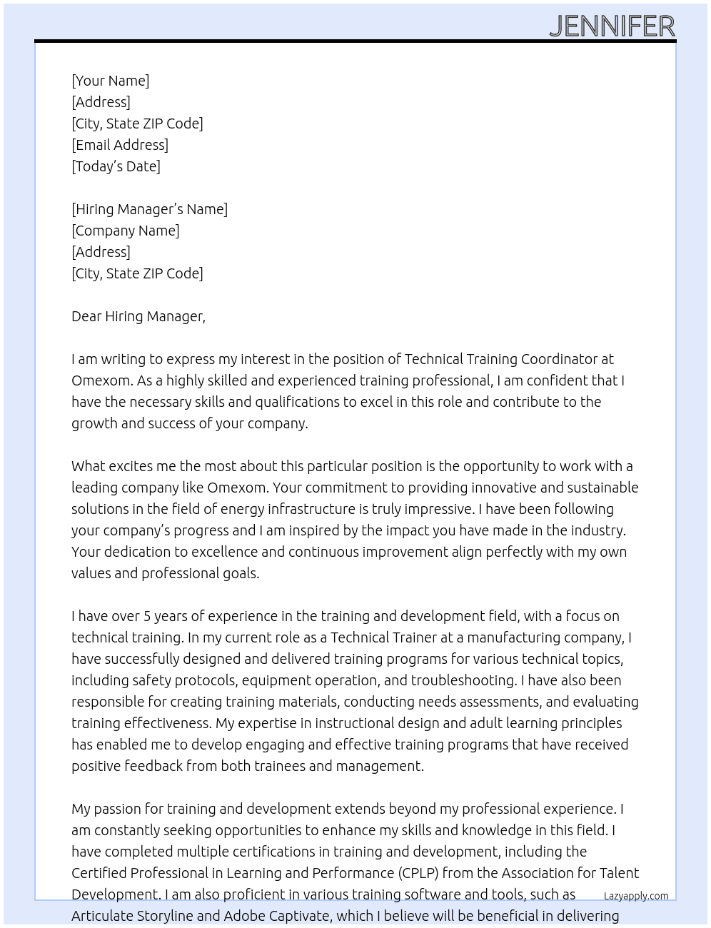 Technical Training Coordinator At Omexom Cover Letter