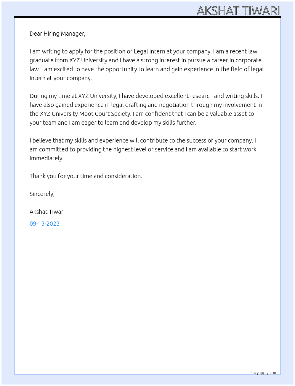 Legal Internship At Legal  Cover Letter
