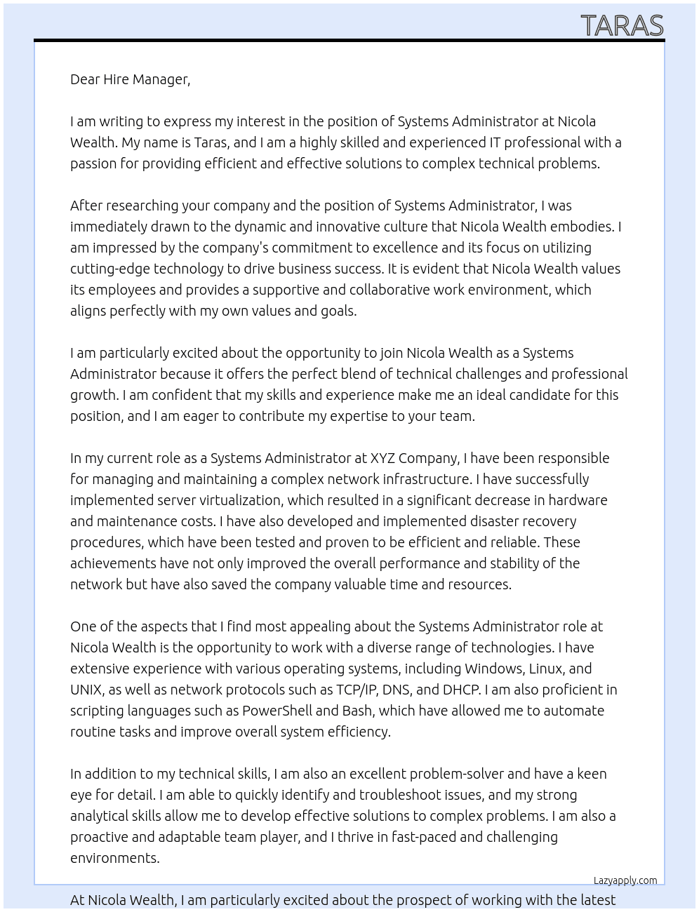 Systems Administrator At Nicola Wealth Cover Letter