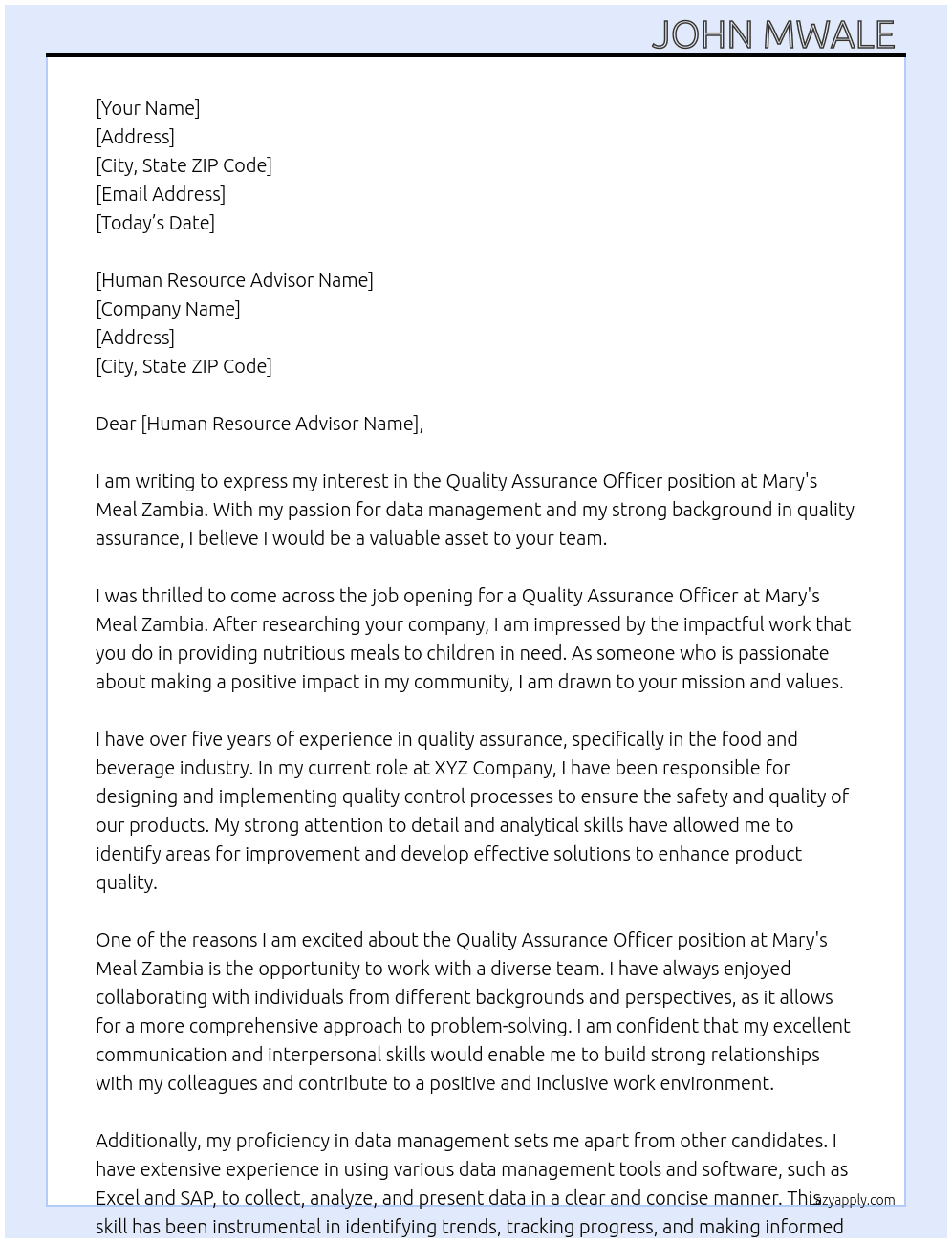 Quality Assurance Officer  At Mary's Meal Zambia  Cover Letter