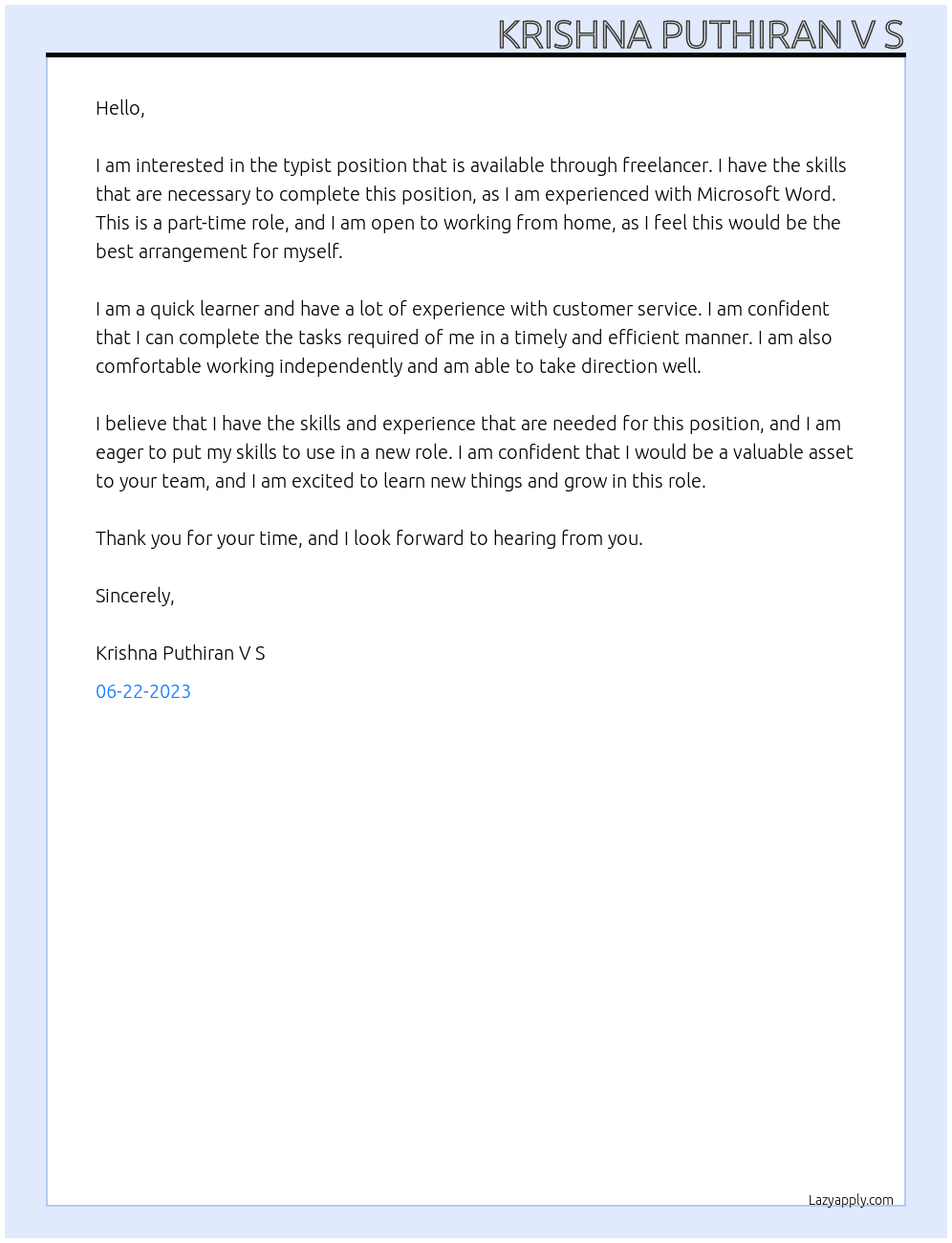 Typist At freelancer Cover Letter