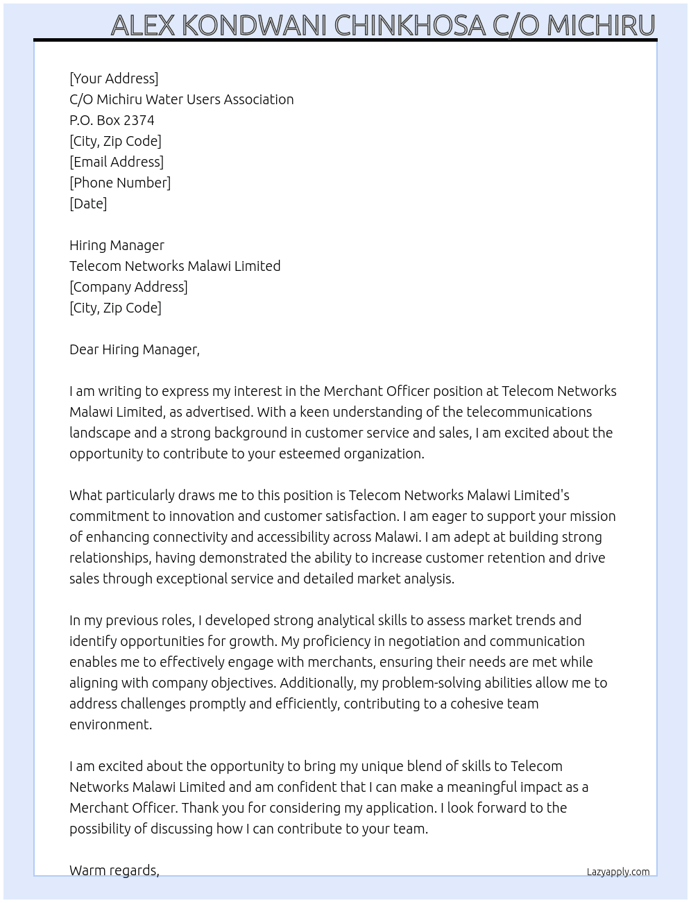 Cover letter for merchant officers - LazyApply