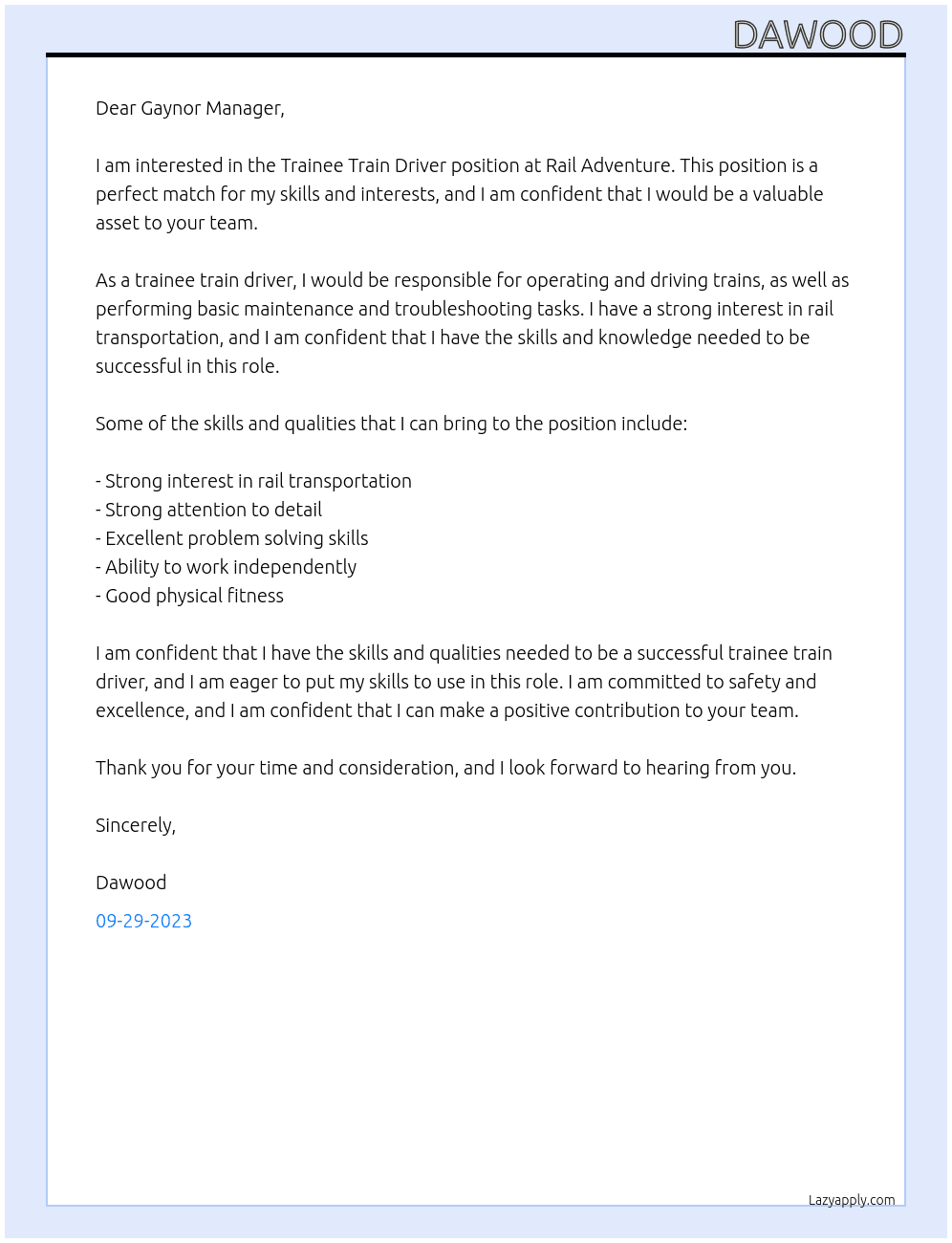 Trainee train driver At Rail adventure Cover Letter