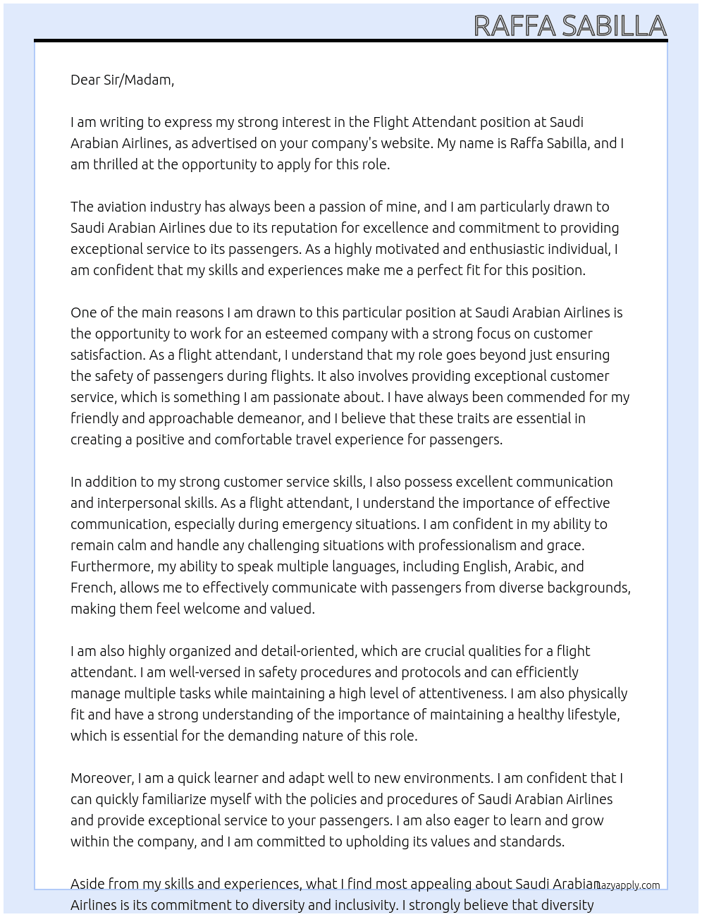 Flight attendant  At Saudi Arabian Airlines  Cover Letter