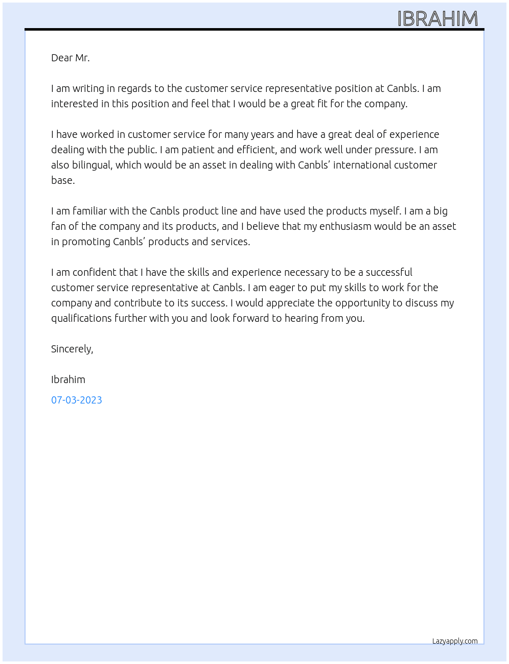 Customer service representative At Canbls  Cover Letter