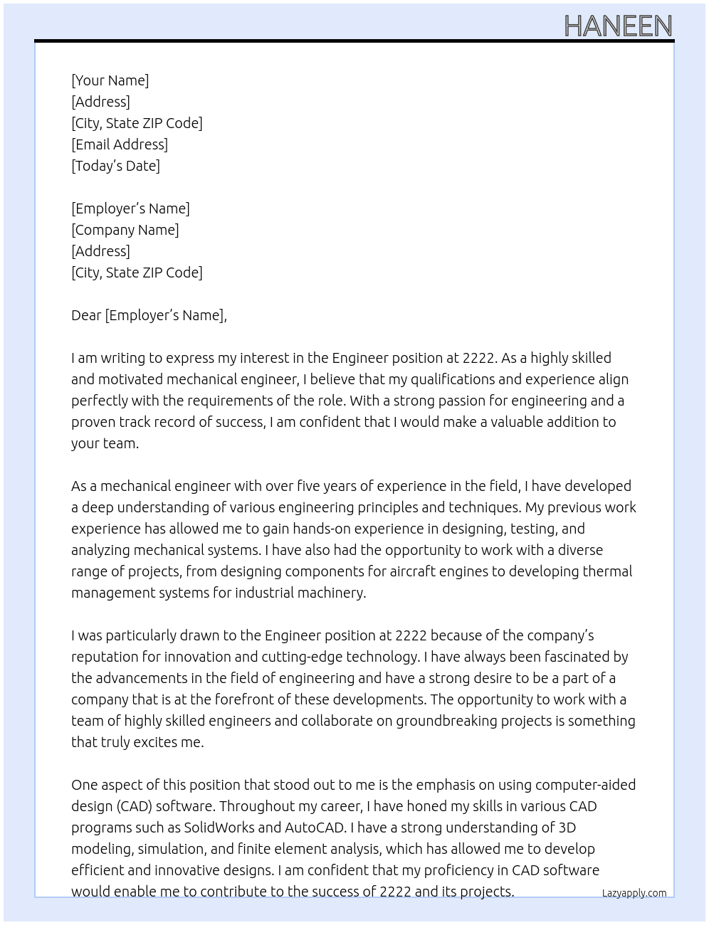 Engineer At 2222 Cover Letter