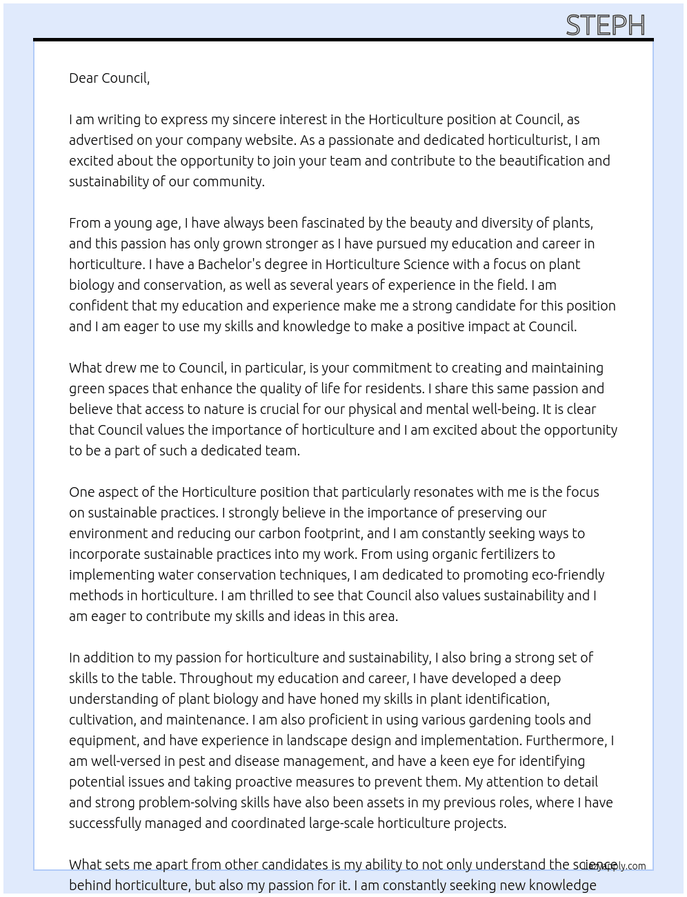 Horticulture  At Council Cover Letter