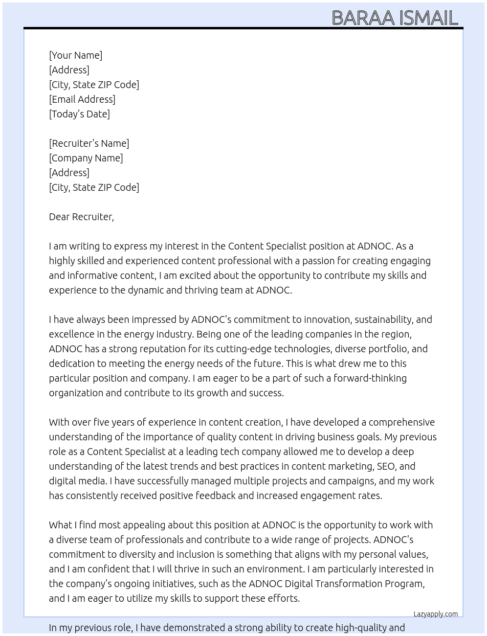 Content Specialist At ADNOC Cover Letter