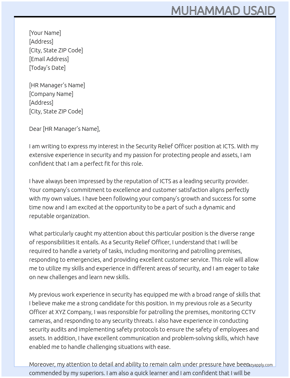 Security Relief Officer At ICTS Cover Letter