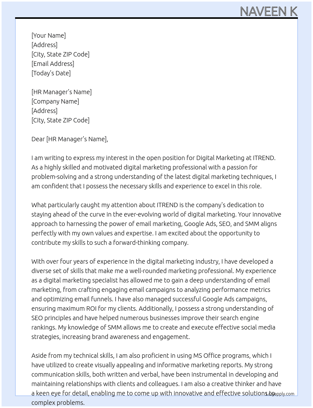 Digital marketing  At ITREND Cover Letter