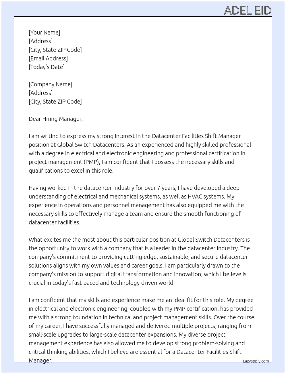 Datacenter Facilities Shift Manager  At Global Switch Datacenters Cover Letter