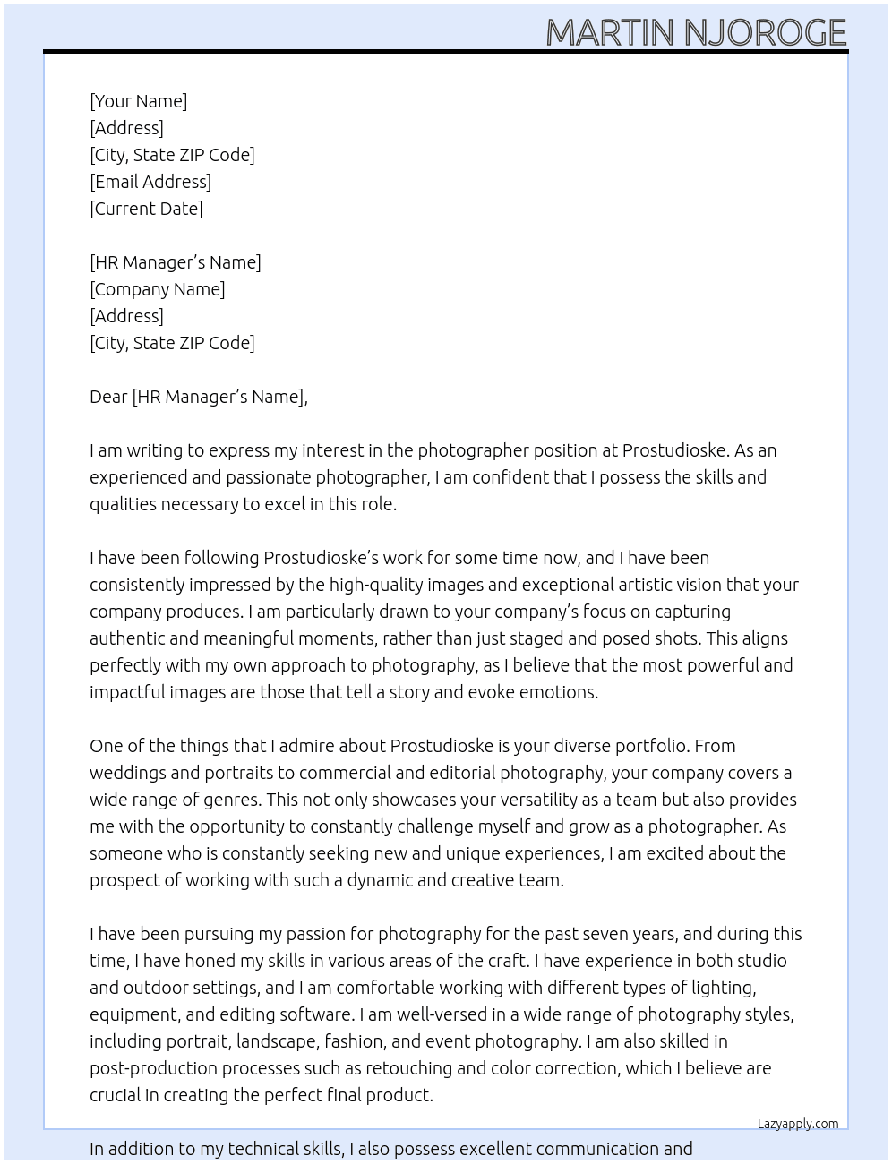 photographer At prostudioske Cover Letter