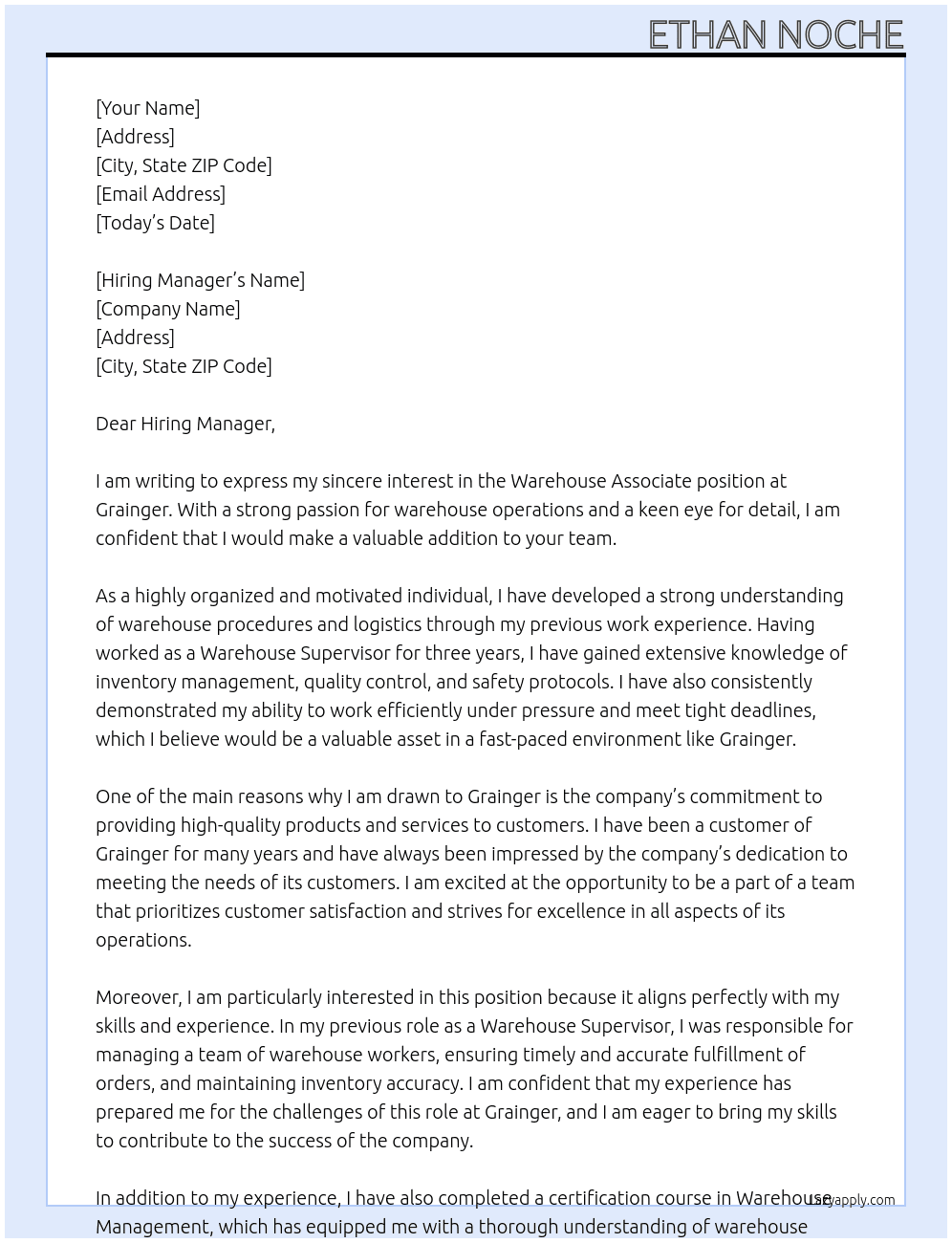 Warehouse Assiociate At Grainger Cover Letter