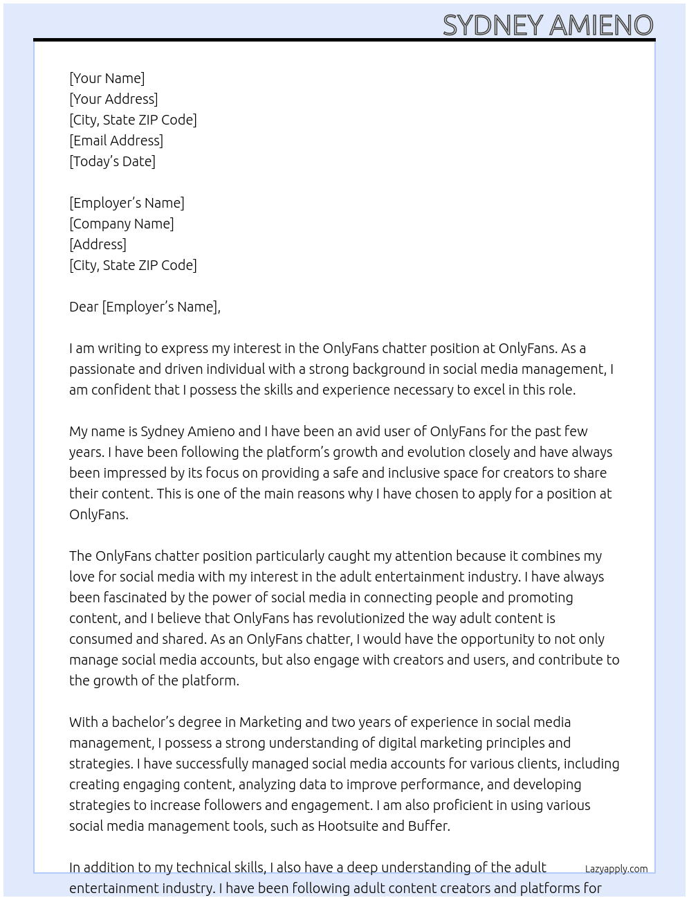 OnlyFans chatter At onlyfans Cover Letter