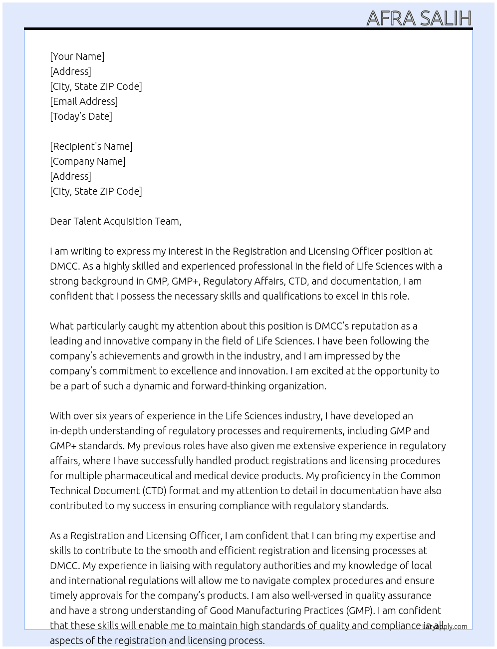Registration and Licensing Officer  At DMCC Cover Letter