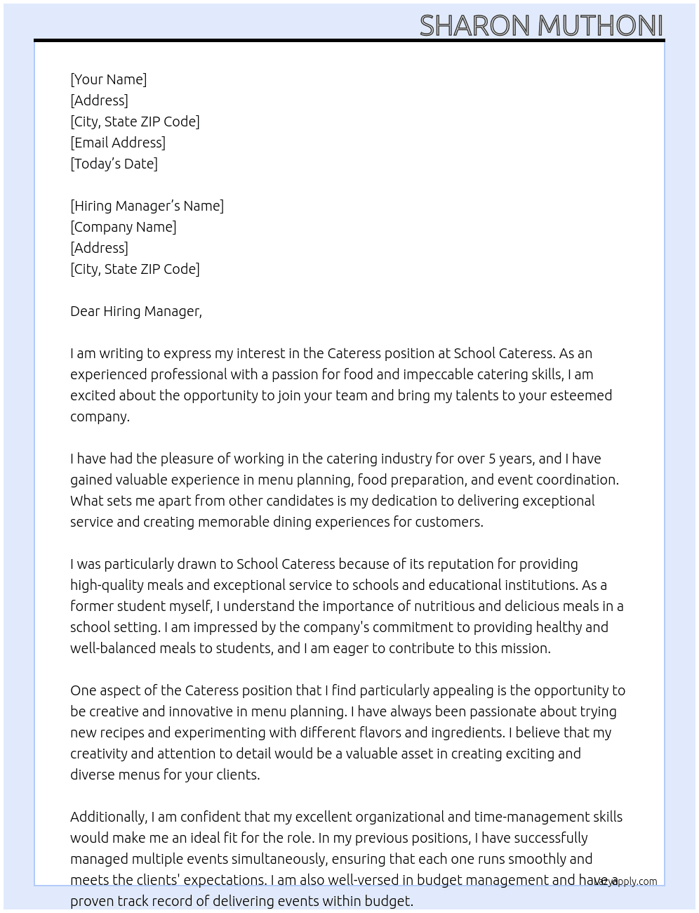 Cateress  At School cateress Cover Letter