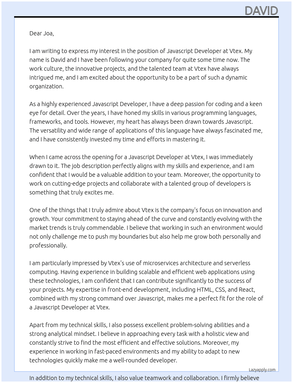 Javascript Developer At Vtex Cover Letter