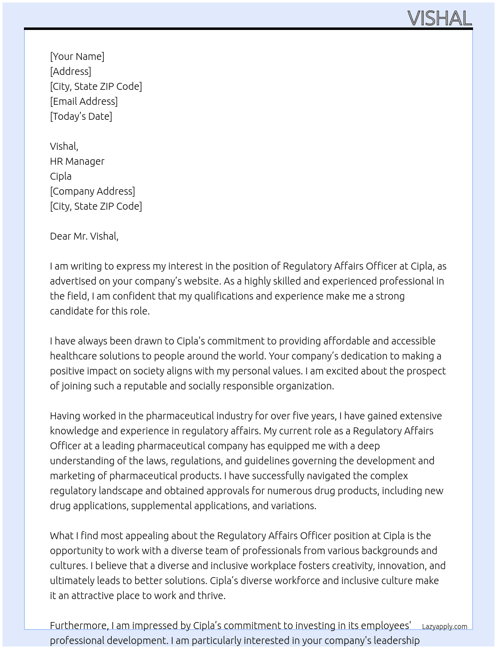 regulatory affairs officer At cipla Cover Letter
