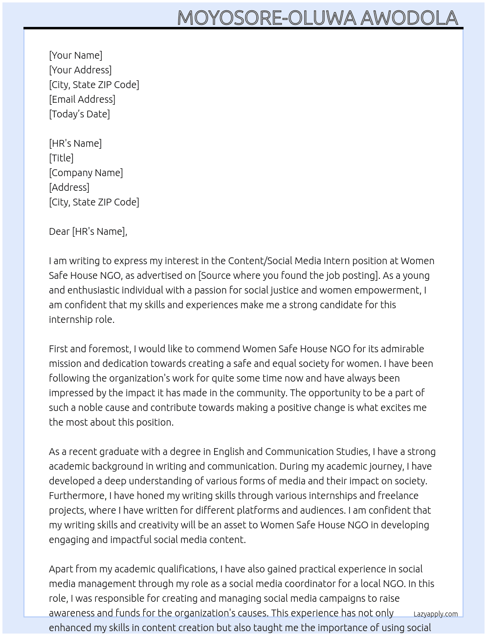 Content/Social Media Intern  At Women Safe House NGO Cover Letter