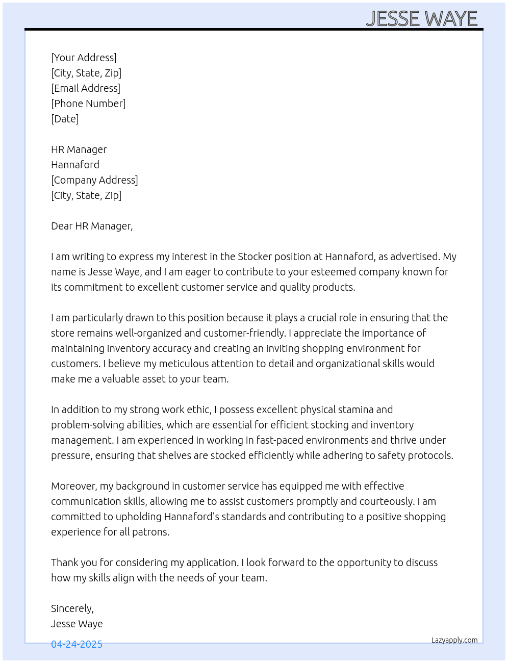 Cover letter for stocker - LazyApply