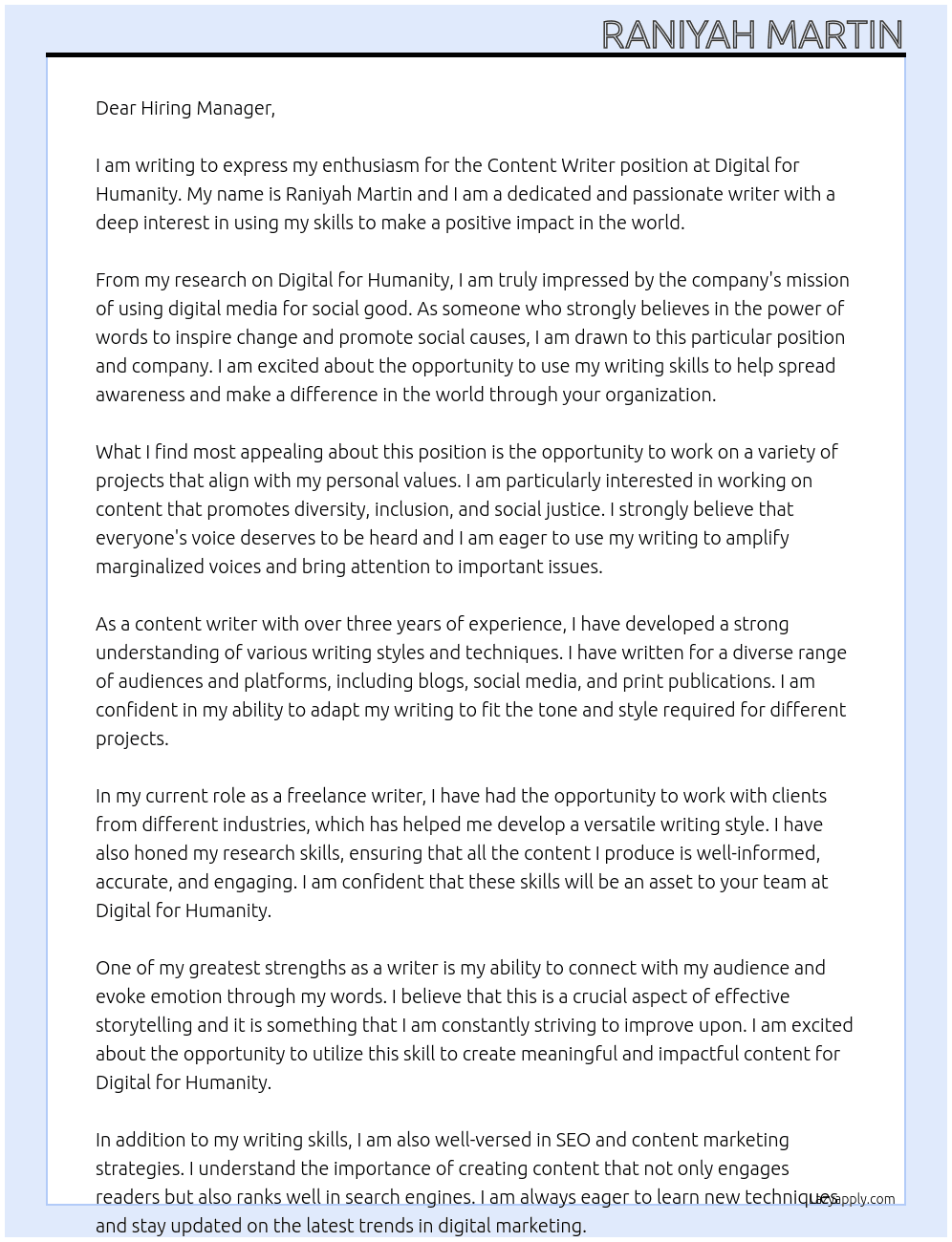 Content writer At Digital for humanity Cover Letter