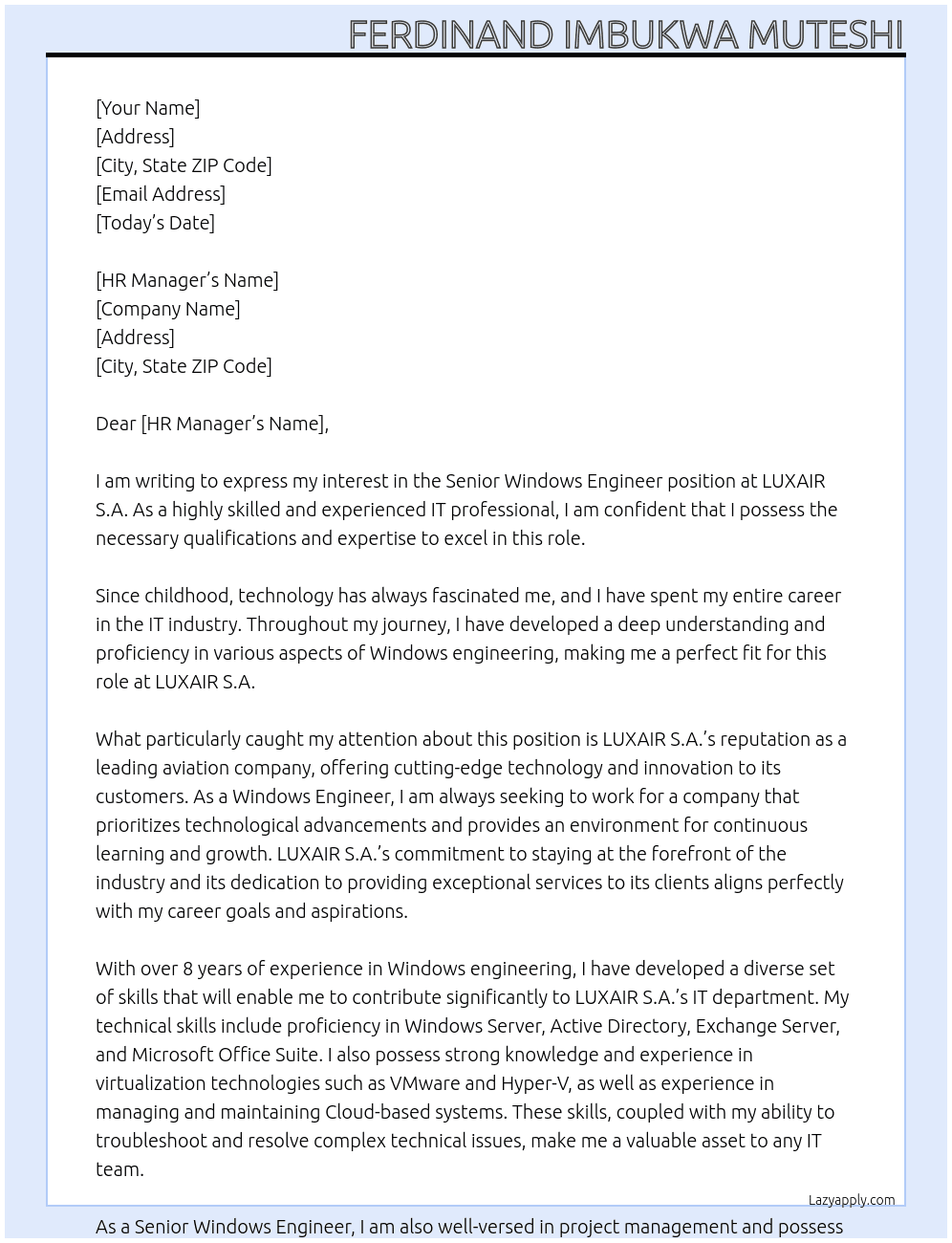 Senior Windows Engineer At LUXAIR S.A. Cover Letter
