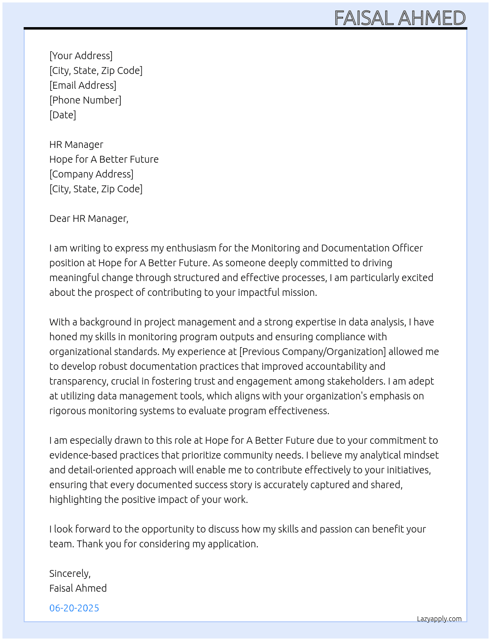 Monitoring and Documentation Officee At Hope for A Better Future Cover Letter