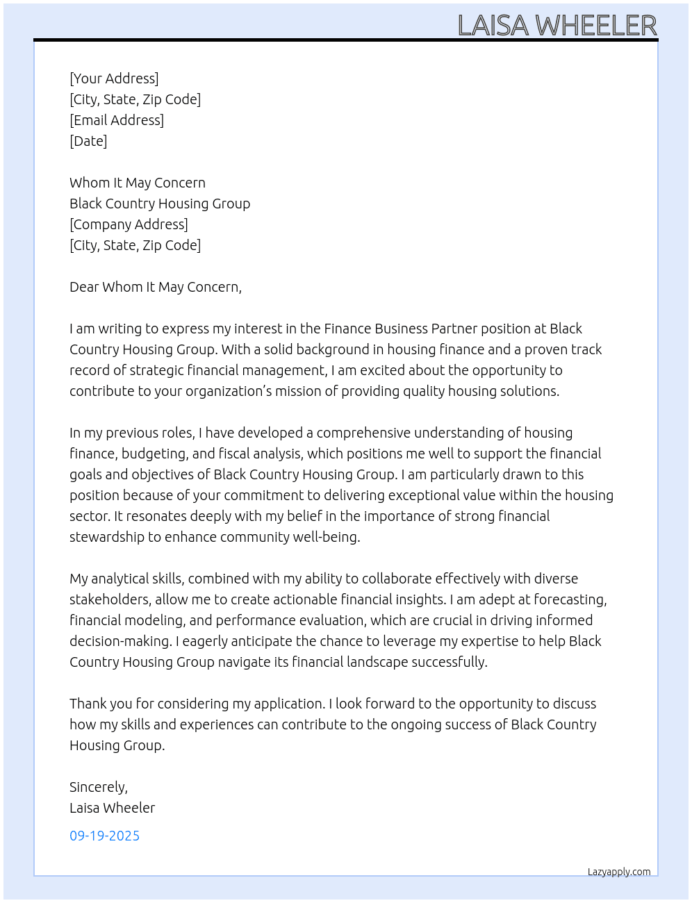 Finance business partner  At Black Country Housing Group Cover Letter