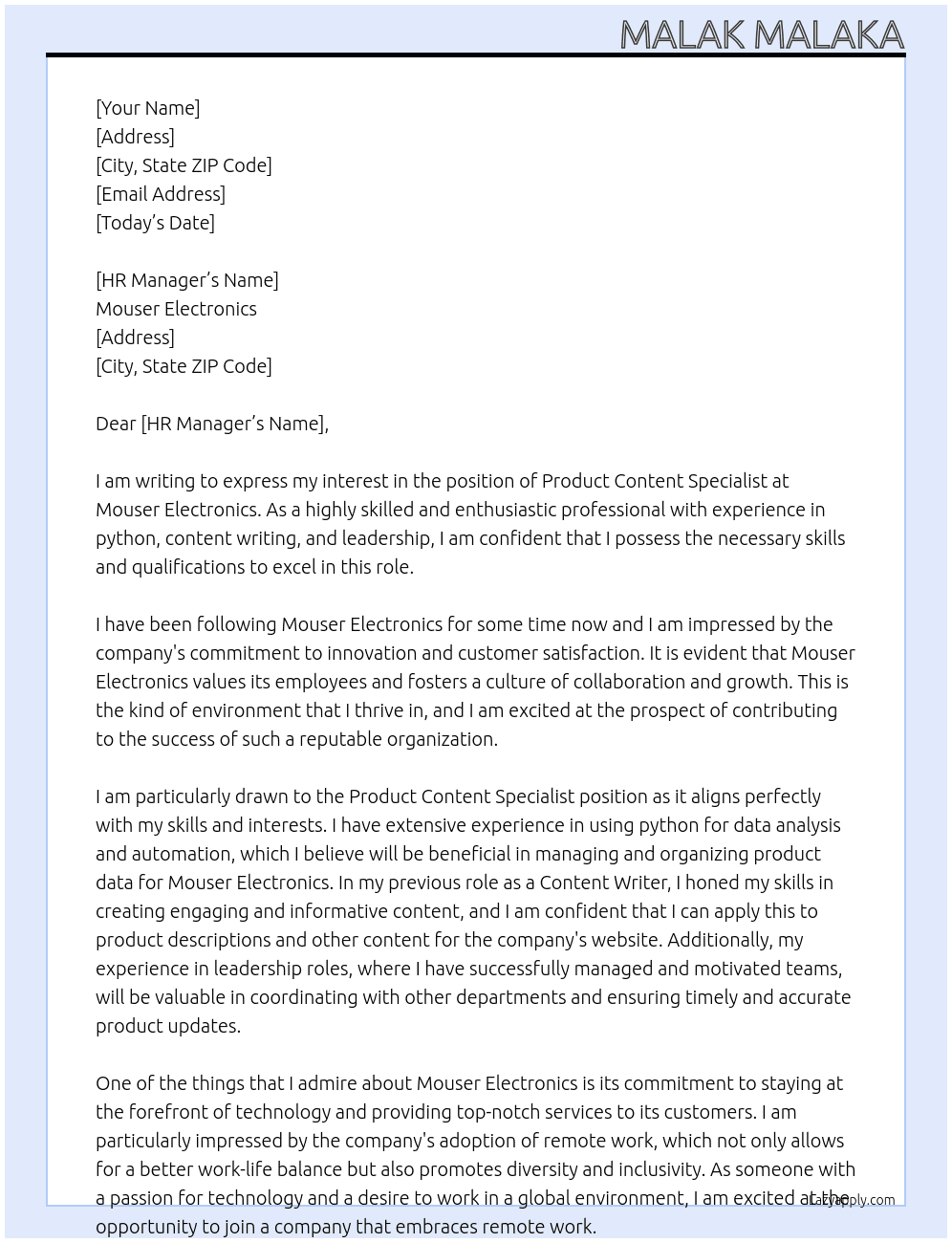Product Content Specialist At Mouser Electronics Cover Letter