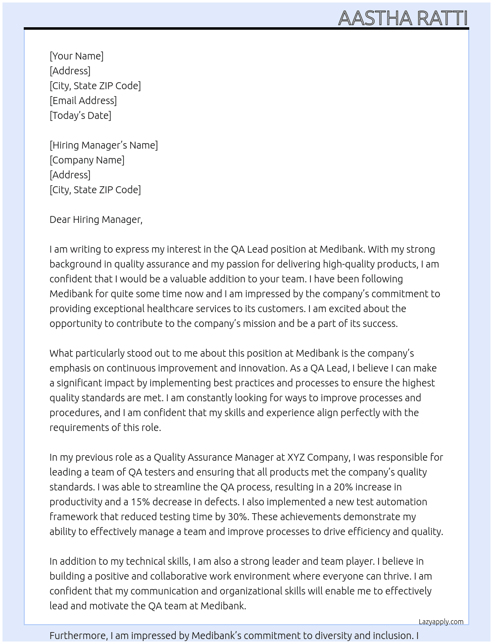 QA lead At Medibank Cover Letter