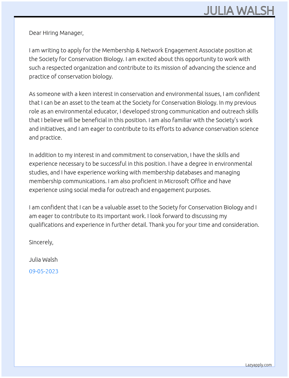 Membership & Network Engagement Associate At Society for Conservation Biology Cover Letter