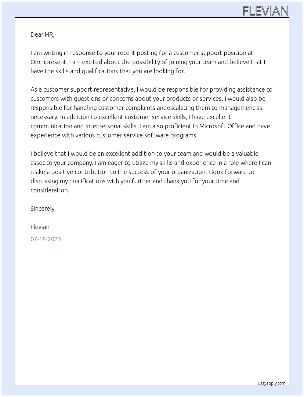 customer support  At Omnipresent Cover Letter