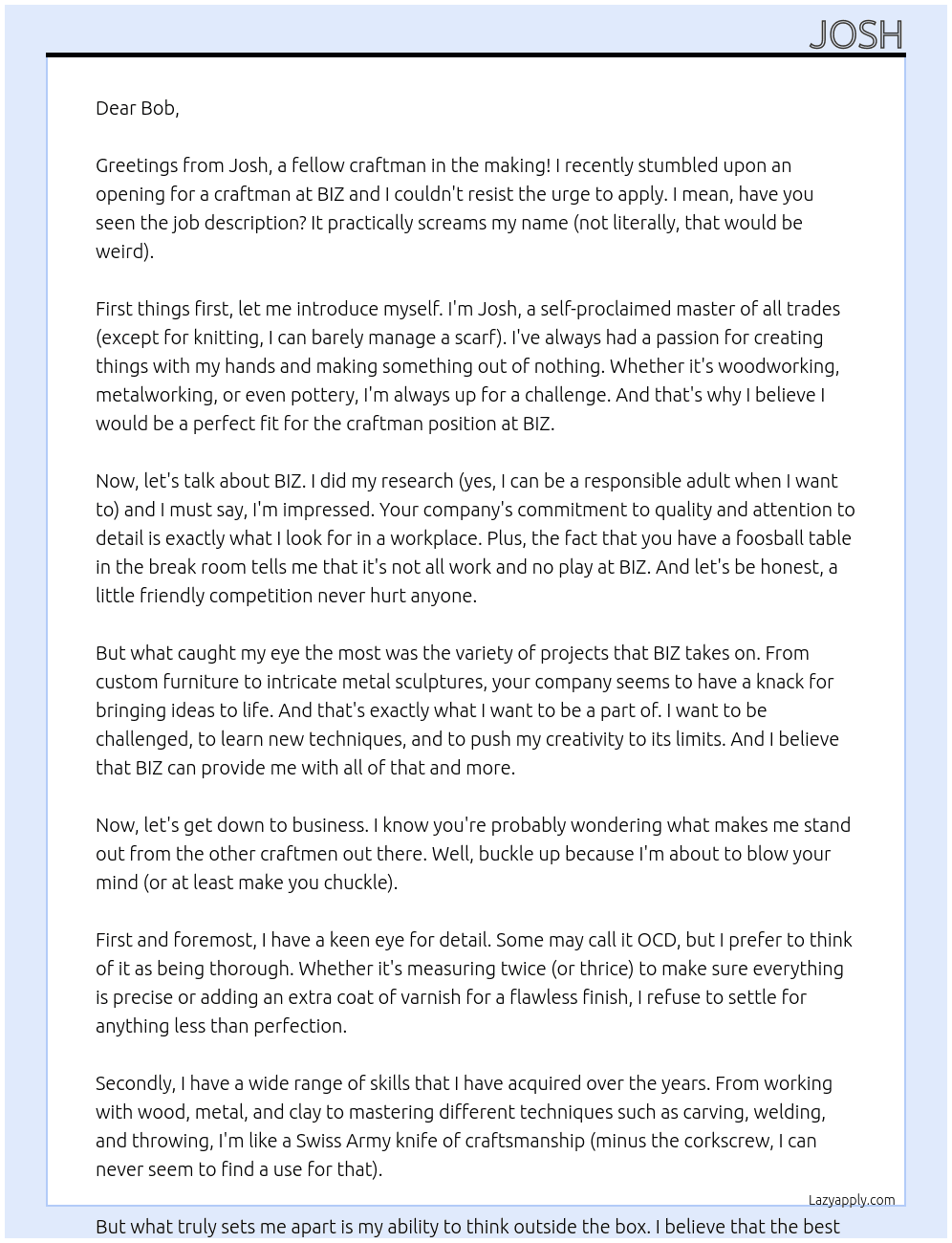 craftman At BIZ Cover Letter