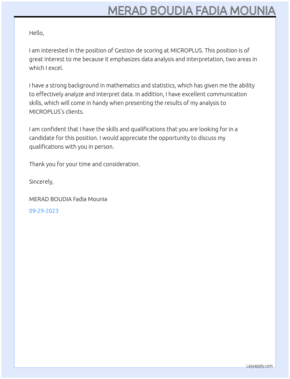Gestion de scoring At MICROPLUS Cover Letter
