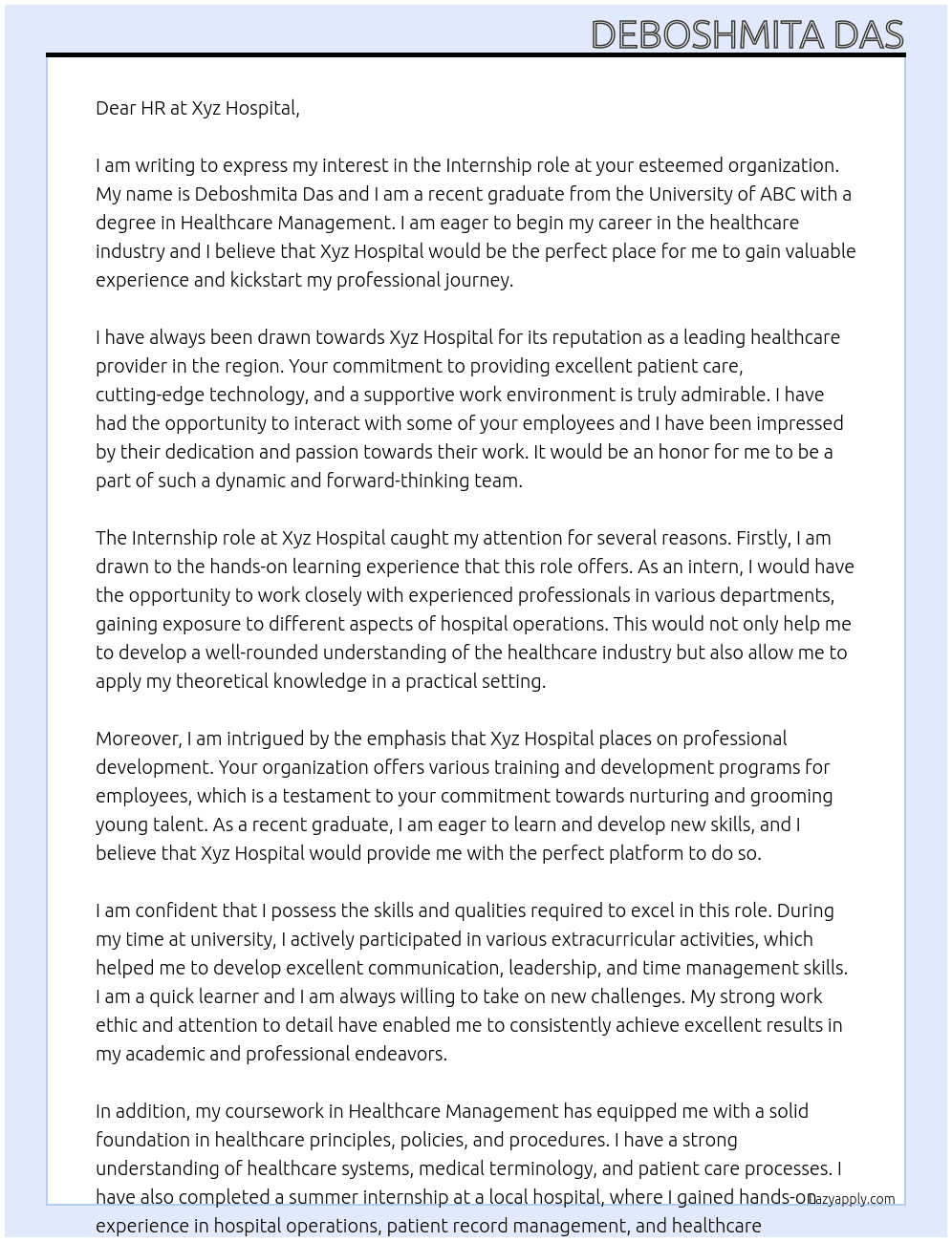 Intern  At Xyz hospital  Cover Letter