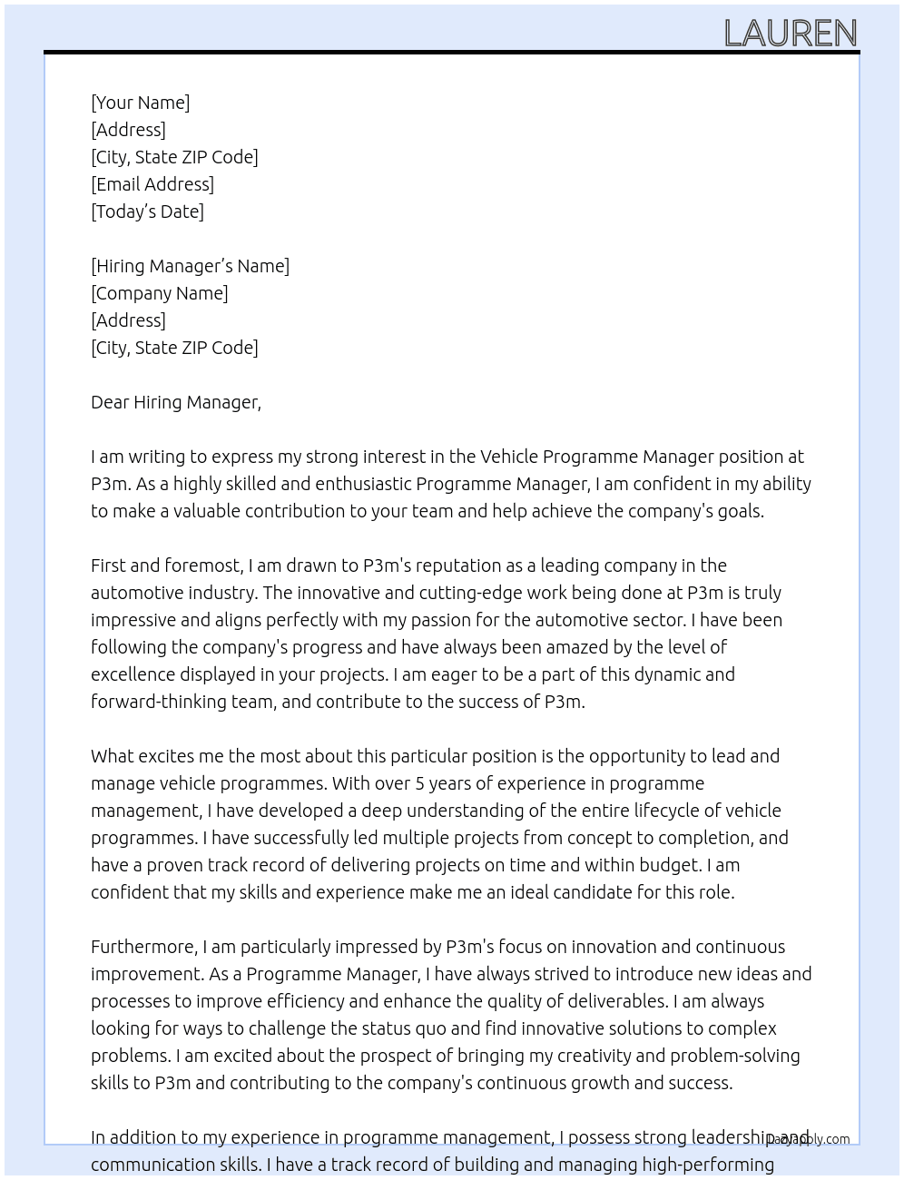 Vehicle Programme Manager At P3m Cover Letter