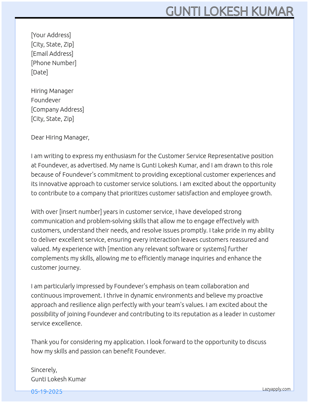 Customer Service Representative At Foundever Cover Letter
