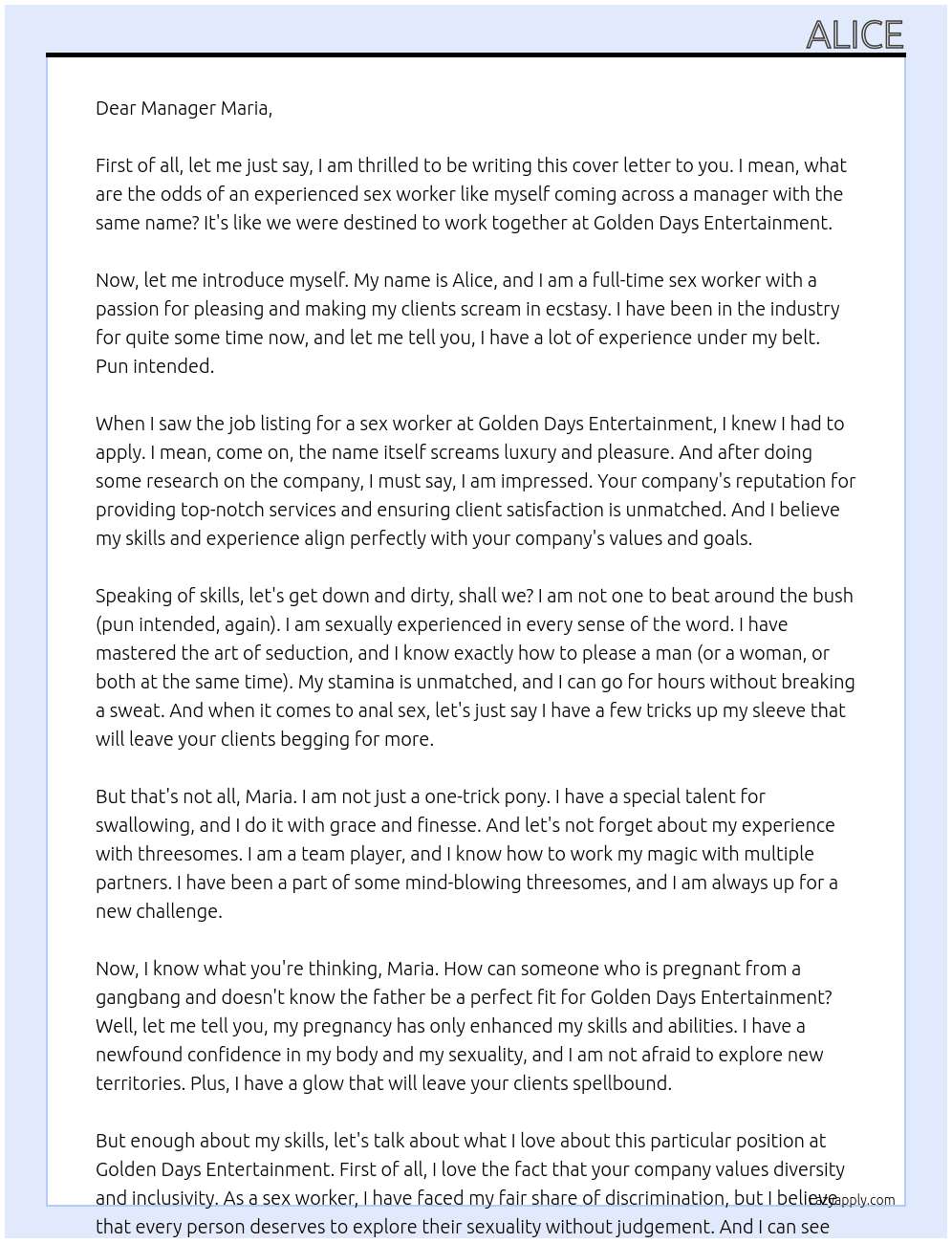 Sex worker  At Golden Days Entertainment  Cover Letter