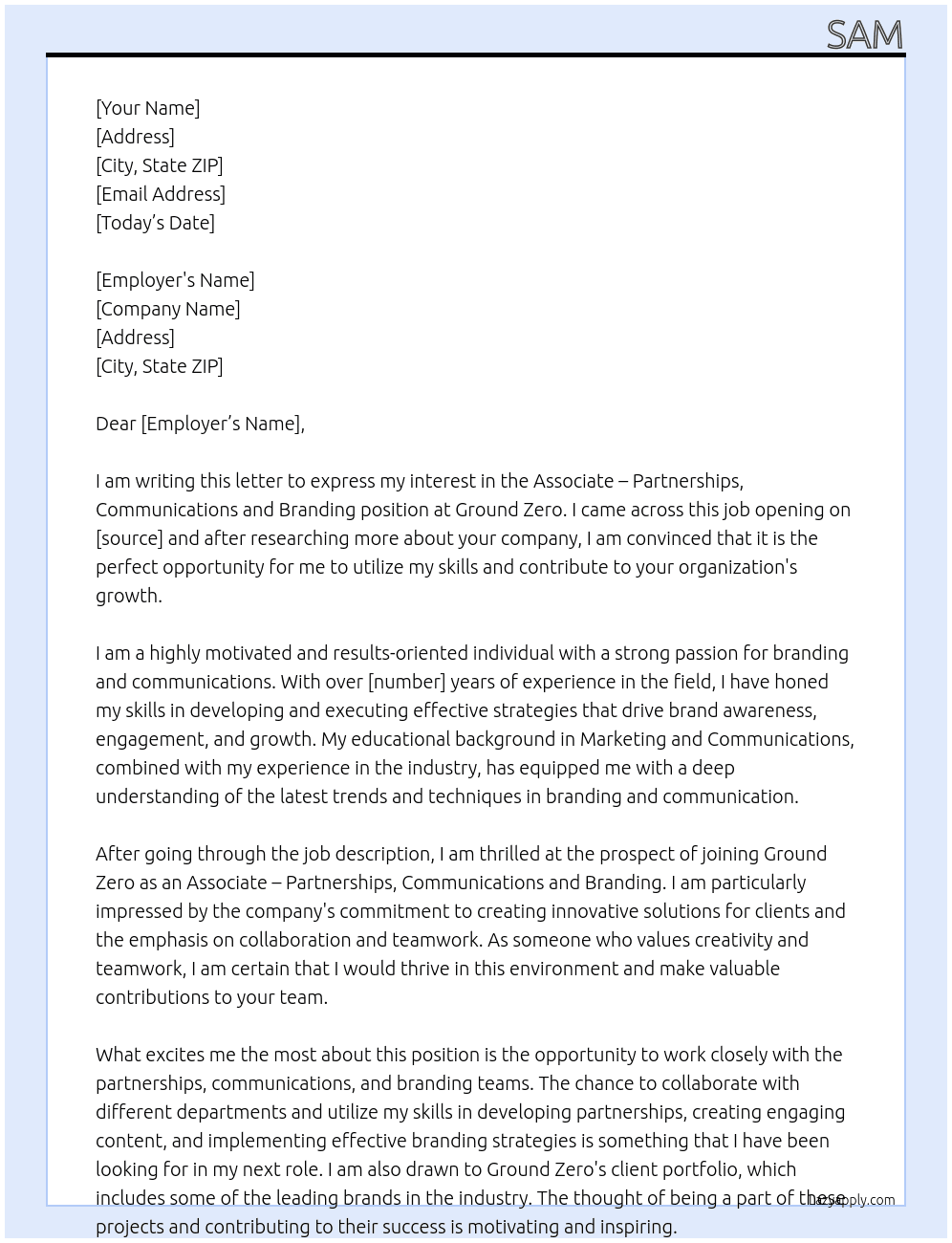 Associate - Partnerships, Communications and Branding At Ground Zero Cover Letter