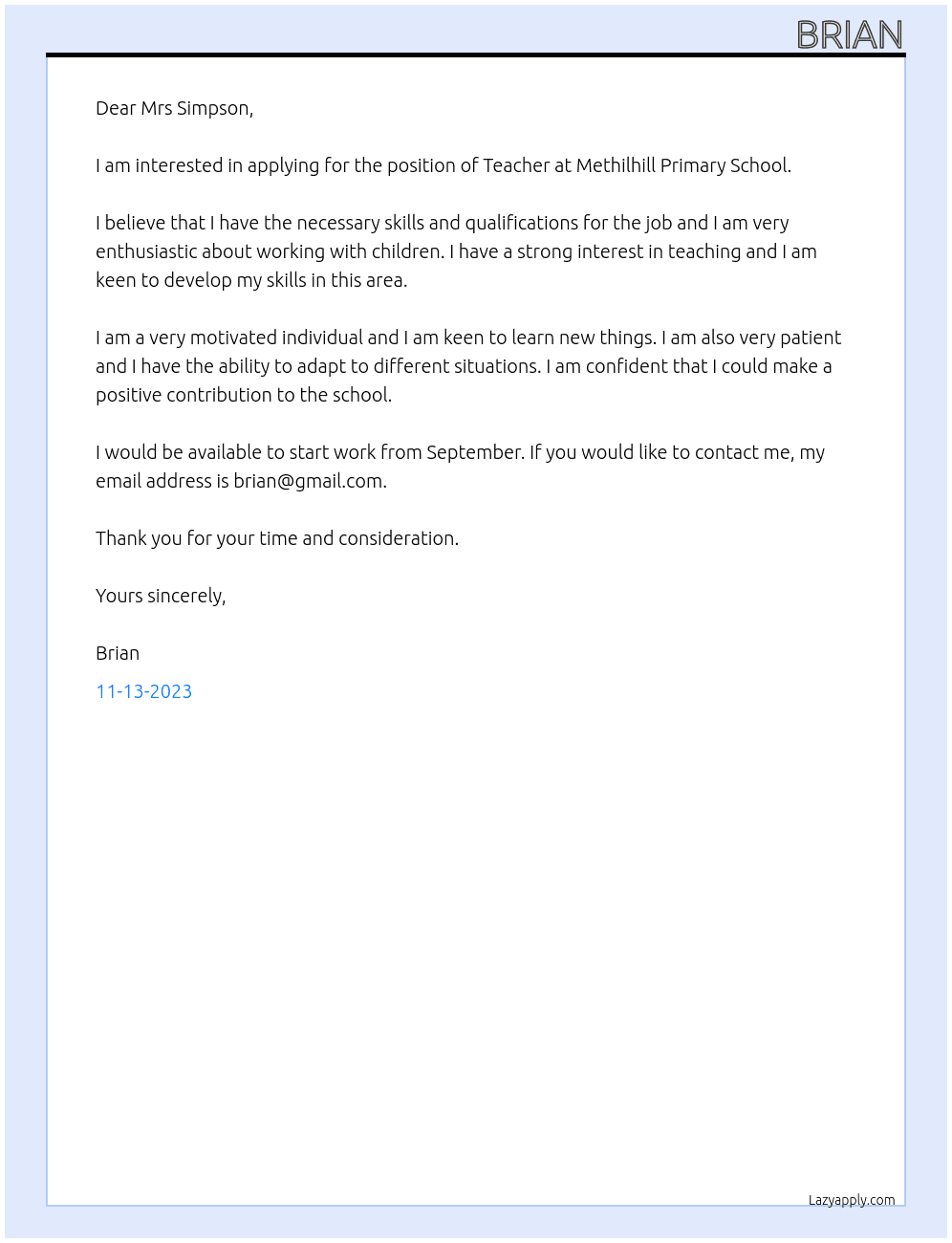 Teacher At Methilhill Primary School Cover Letter