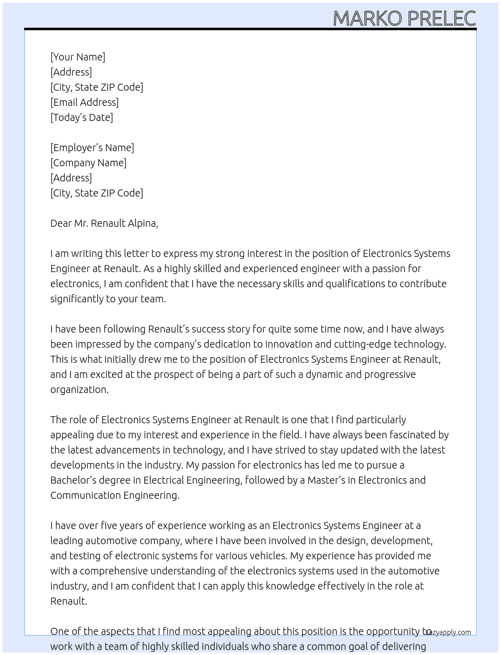 Electronics Systems Engineer At Renault Cover Letter