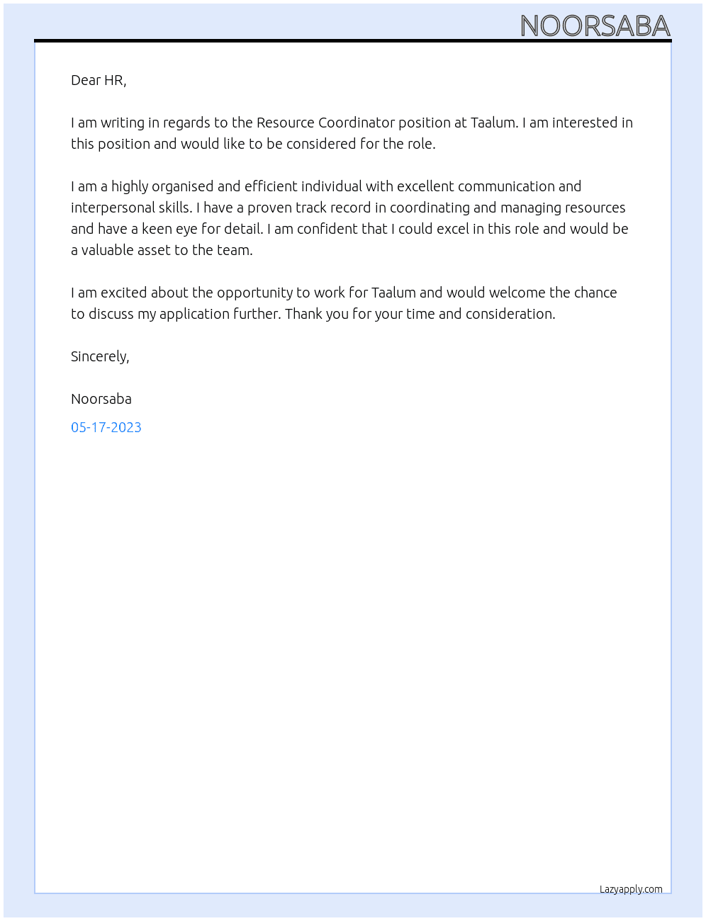 Resource coordinator At Taalum Cover Letter