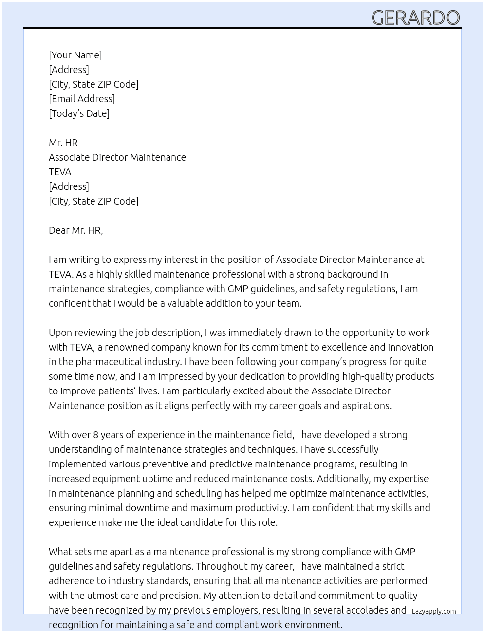 Associate Director Maintenance At TEVA Cover Letter