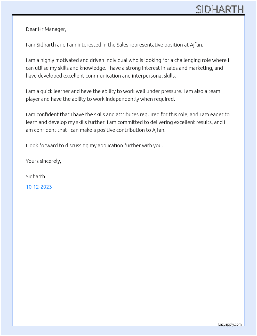 Sales representative At Ajfan Cover Letter