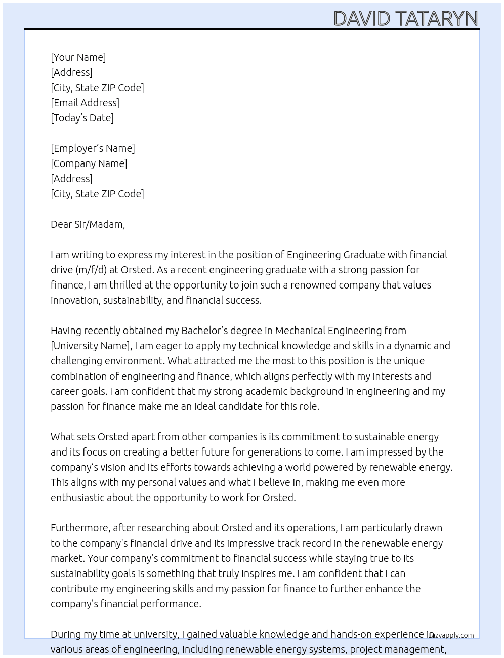 Engineering Graduate with financial drive (m/f/d) At Orsted Cover Letter